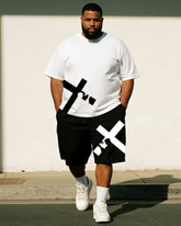 Big & Tall Men's Black And White Simple Cross Print Round Neck Short Sleeve T-Shirt Shorts Suit